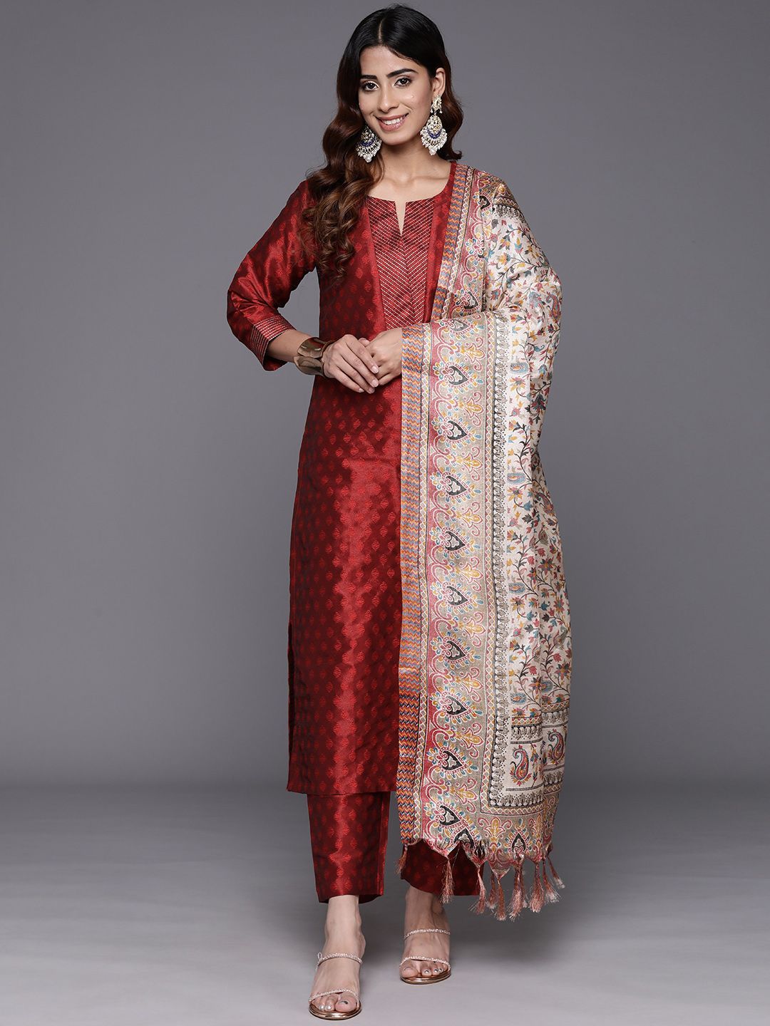 Maroon Zari Work textured Kurta with Trouser and Printed Dupatta
