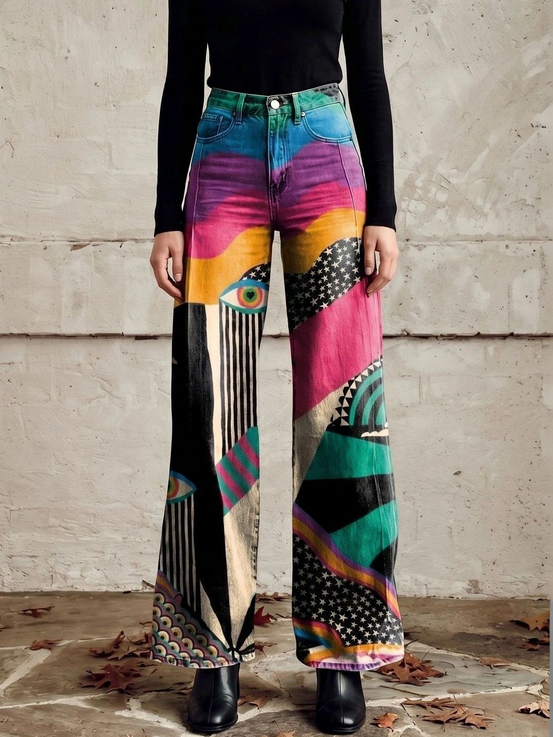 StyleCast x Revolte Women Wide Leg Mid-Rise Heavy Fade Printed Jeans