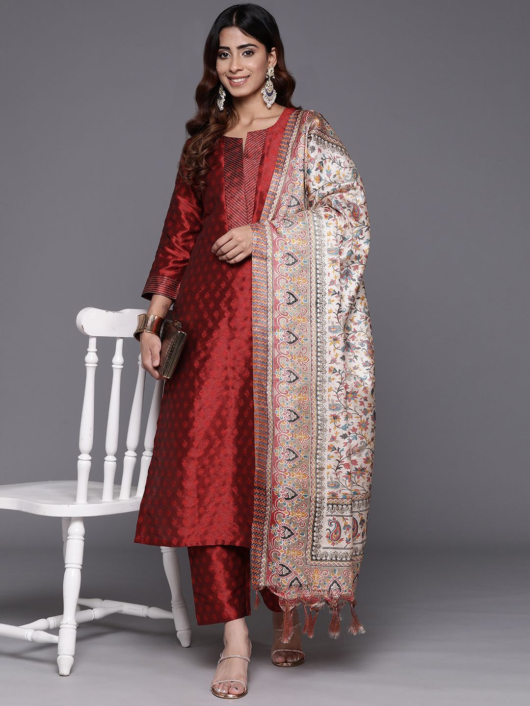 Maroon Zari Work textured Kurta with Trouser and Printed Dupatta 7