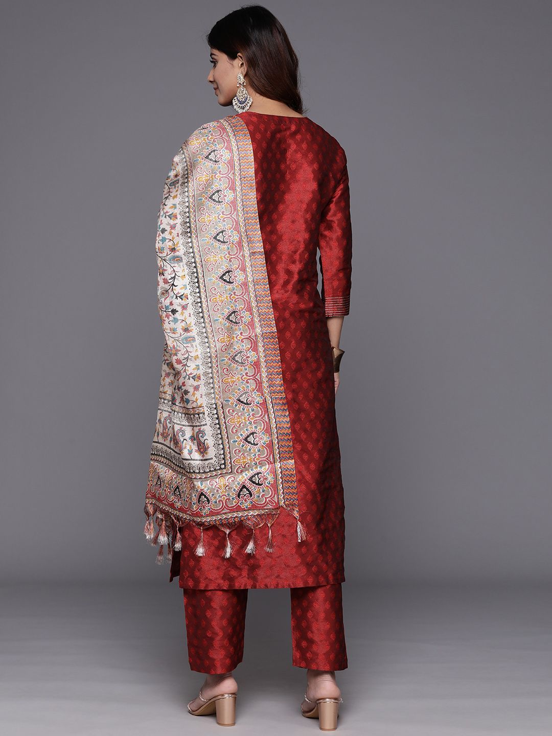 Maroon Zari Work textured Kurta with Trouser and Printed Dupatta 6