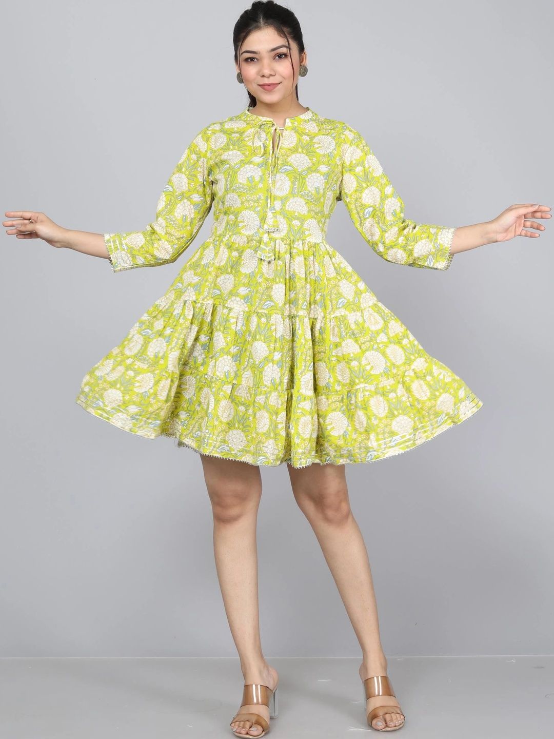 Floral Print Tie-Up Neck Applique Fit & Flare Dress 2