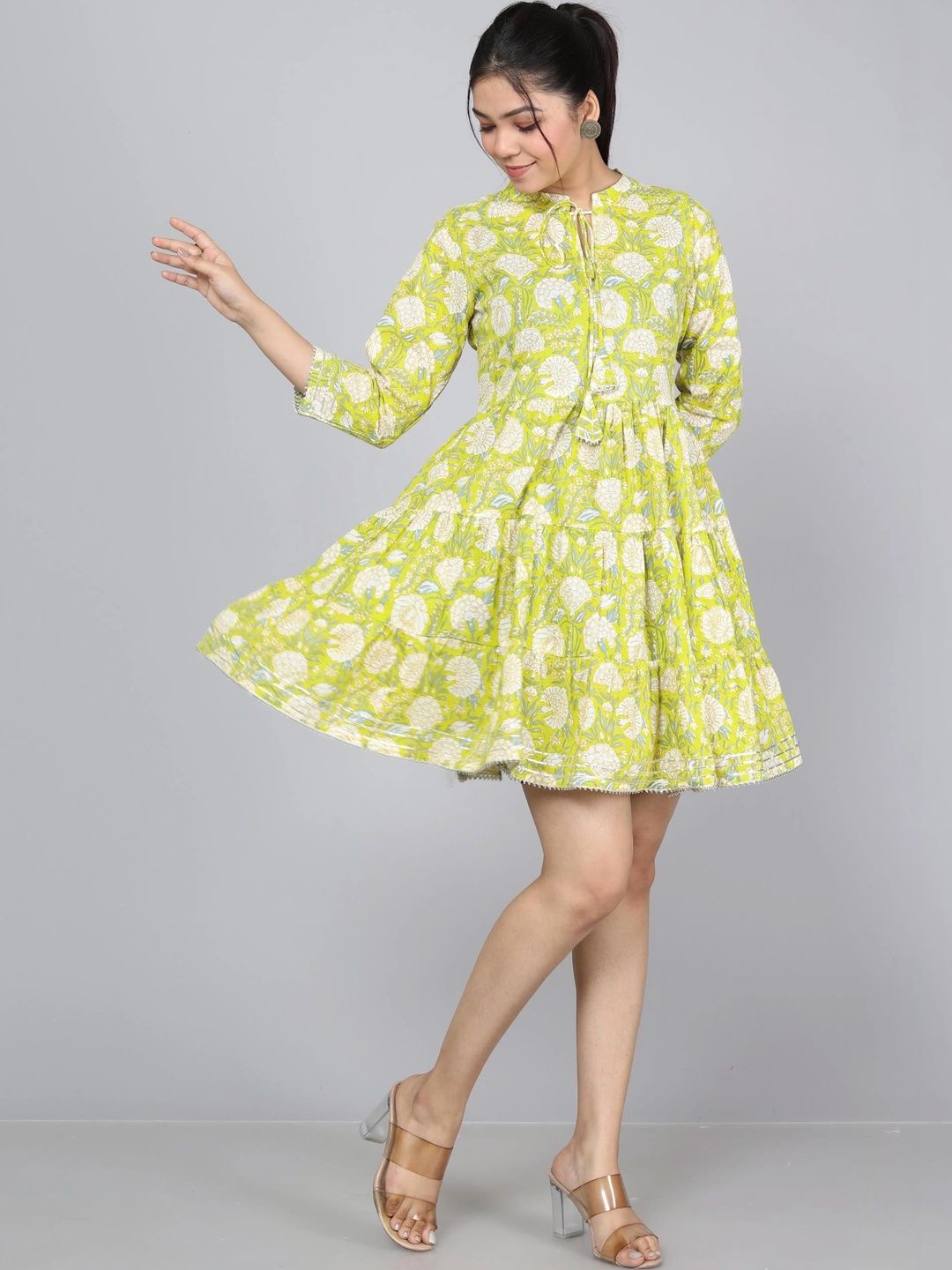 Floral Print Tie-Up Neck Applique Fit & Flare Dress 3