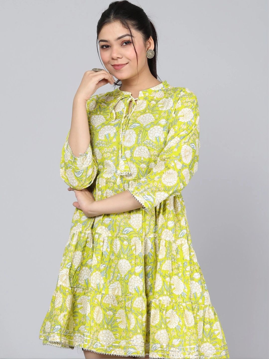 Floral Print Tie-Up Neck Applique Fit & Flare Dress 4