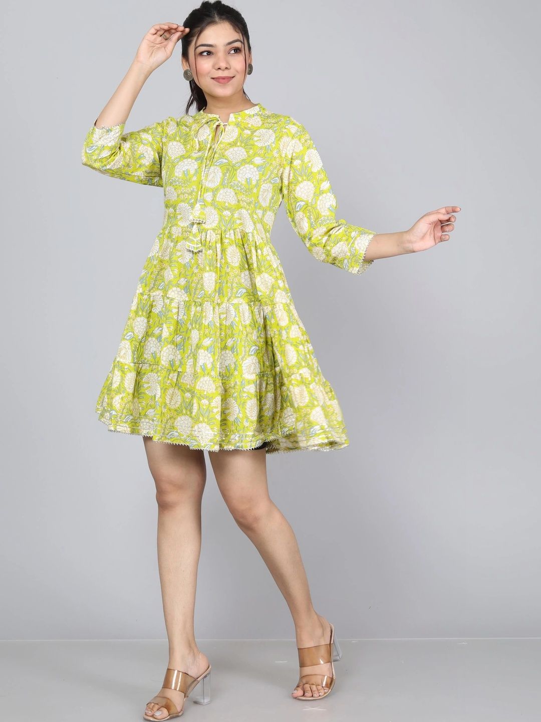 Floral Print Tie-Up Neck Applique Fit & Flare Dress 6