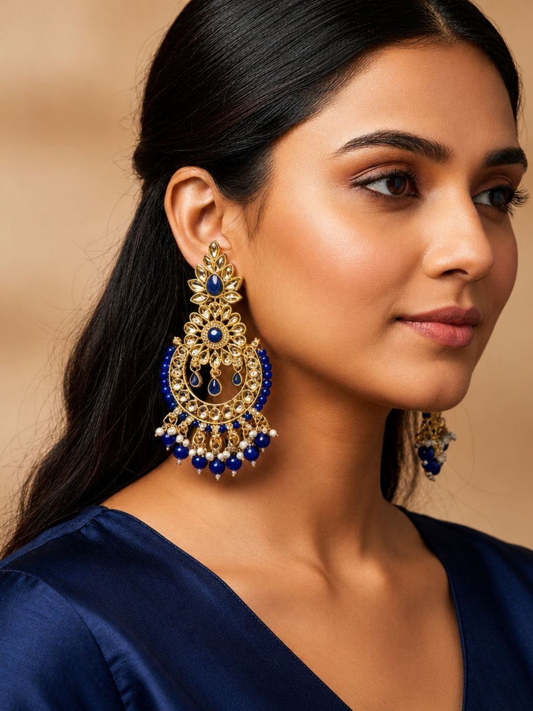 I Jewels Gold-Plated Kundan Studded & Beaded Chandbalis Earrings