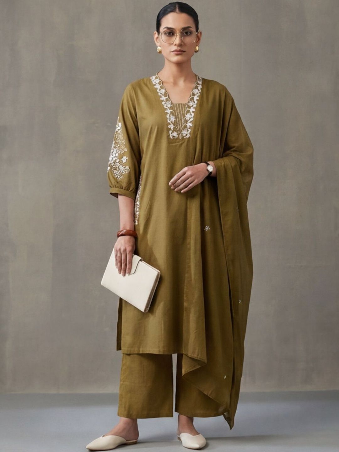 Navibhu Floral Embroidered A-Line Cotton Kurta & Trousers Sets