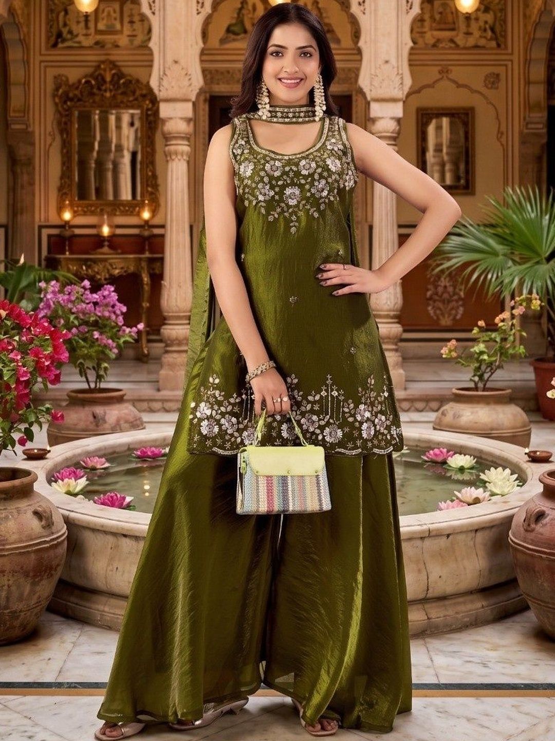 BOUNCER Ethnic Motifs Embroidered Regular Pure Silk Kurta with Sharara & With Dupatta