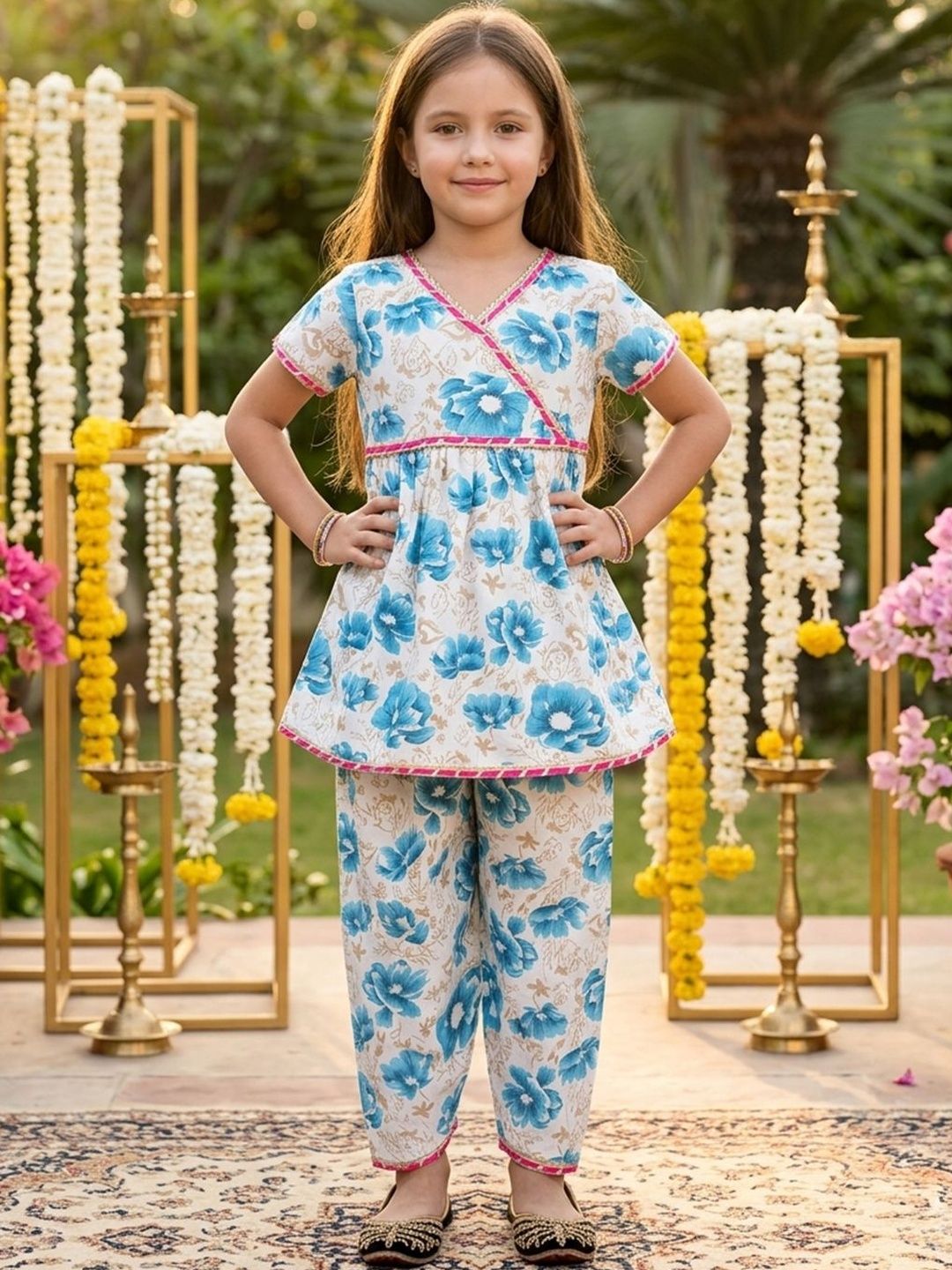 Cutiekins Girls Floral Printed V-Neck Gotta Patti A-Line Kurta With Dhoti Pants