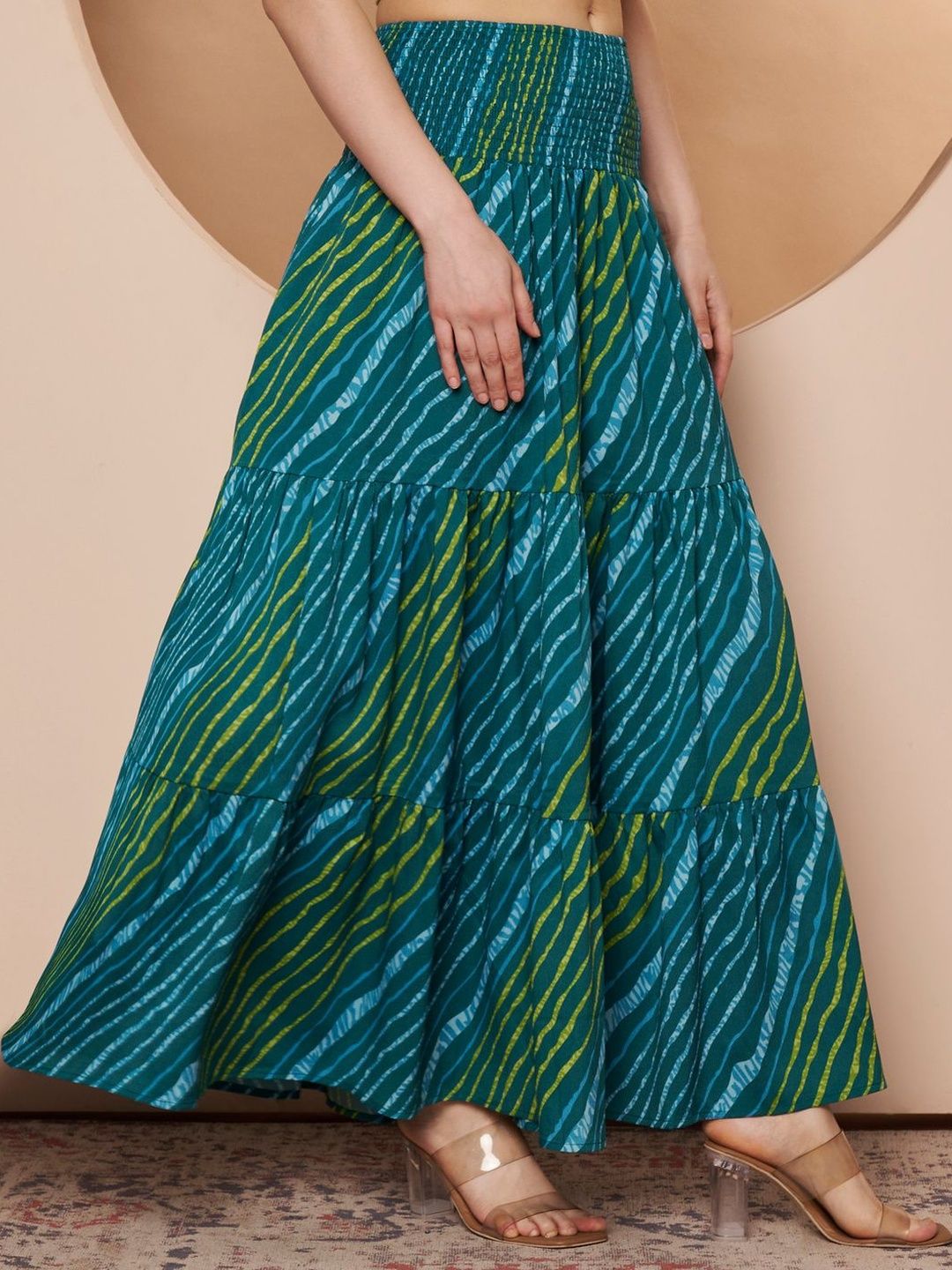 LookShine Women Striped Tie and Dye Maxi Flared Skirt