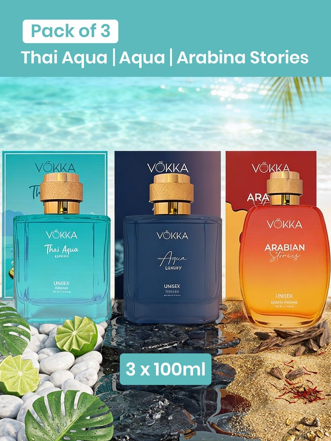 VOKKA Set Of 3 Thai Aqua Aqua & Arabian Long Lasting Eau De Parfum - 100 ml Each