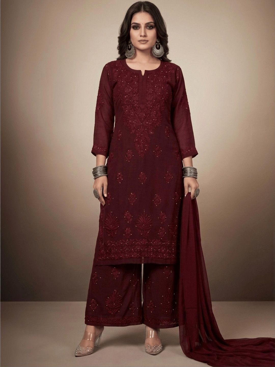 NAQSH CHIKAN Women Ethnic Motifs Embroidered Regular Chikankari Kurta with Palazzos & With Dupatta