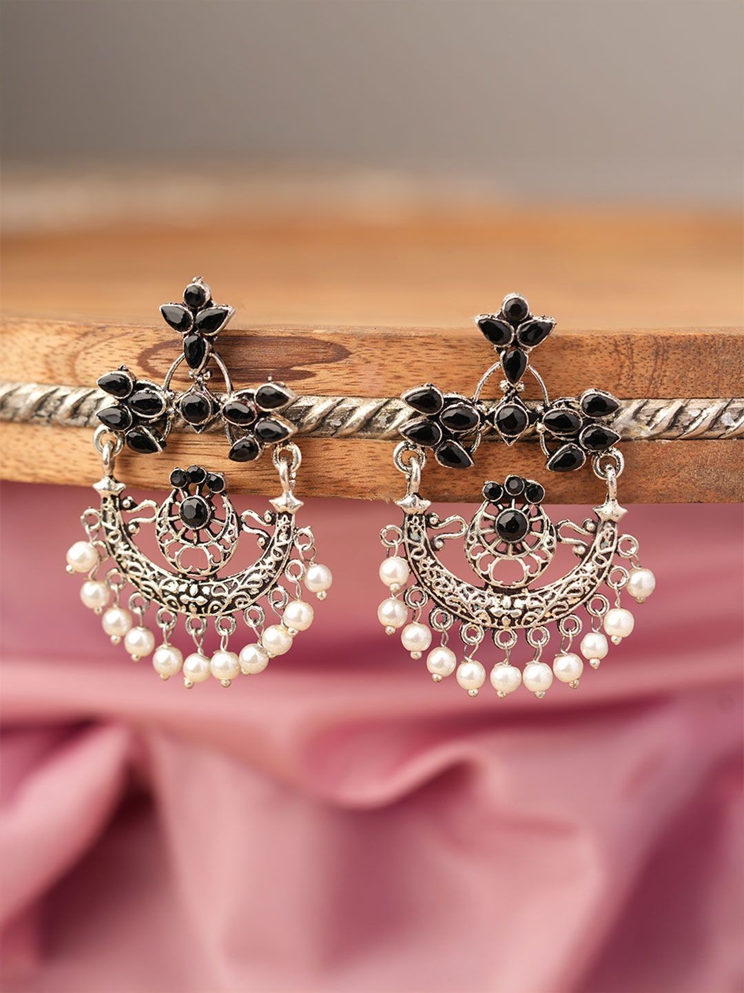 Stylishkudi Artificial Stones Studded Crescent Shaped Chandbalis