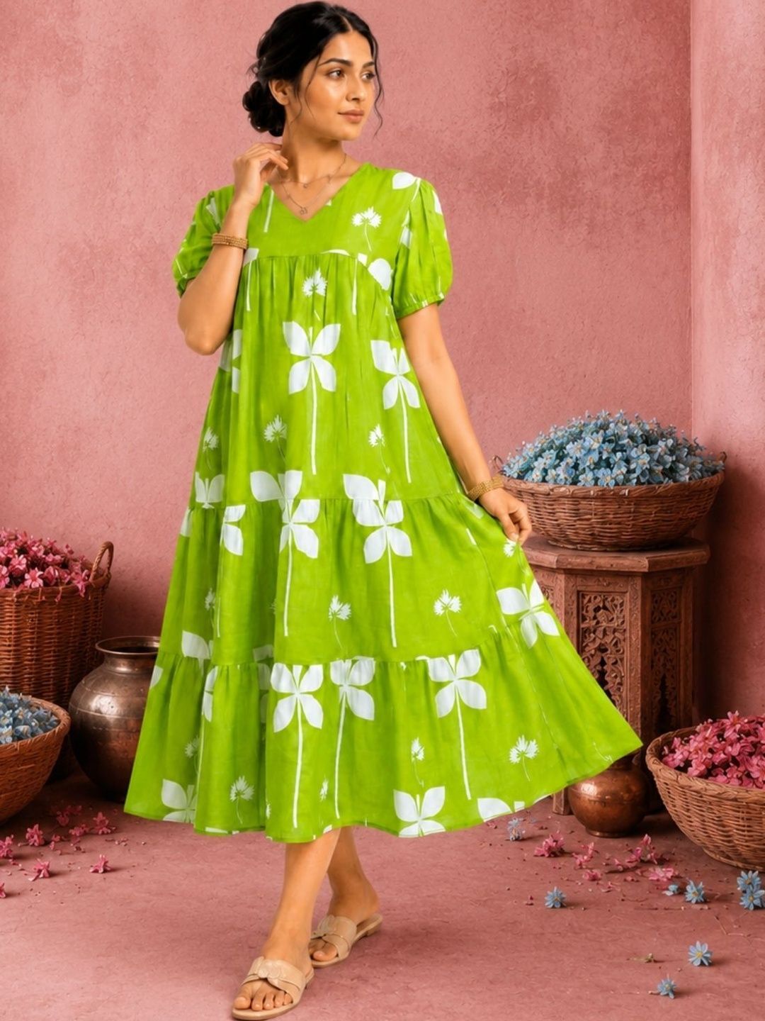 NAVYAAZRI Floral Print Puff Sleeve A-Line Midi Dress