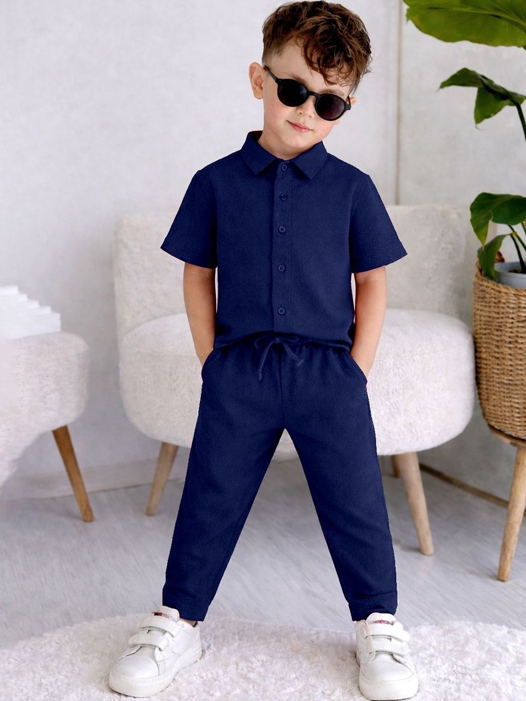 Buy OMPAX Boys Blue Solid Popcorn Ankle Length Shirt And Pant Set -  - Apparel for Boys