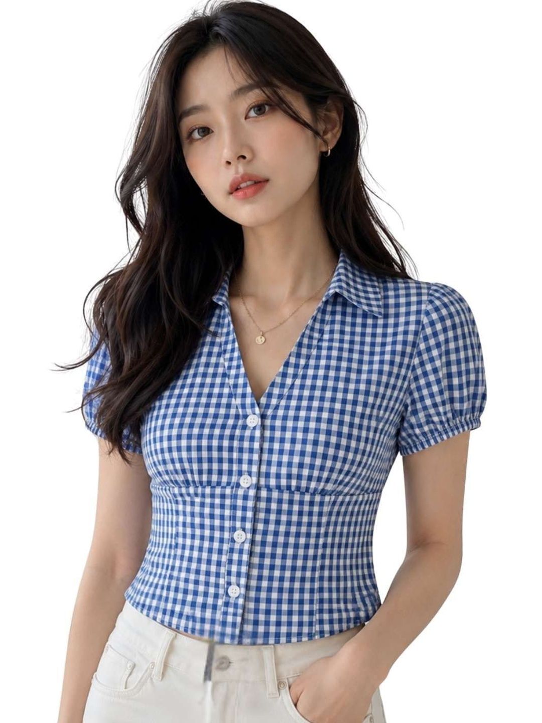 EZLIA Checked Puff Sleeve Top