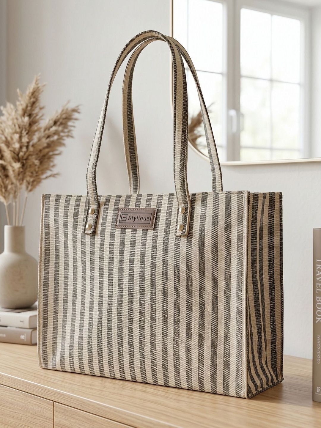 Stylique Striped Structured Tote Bag