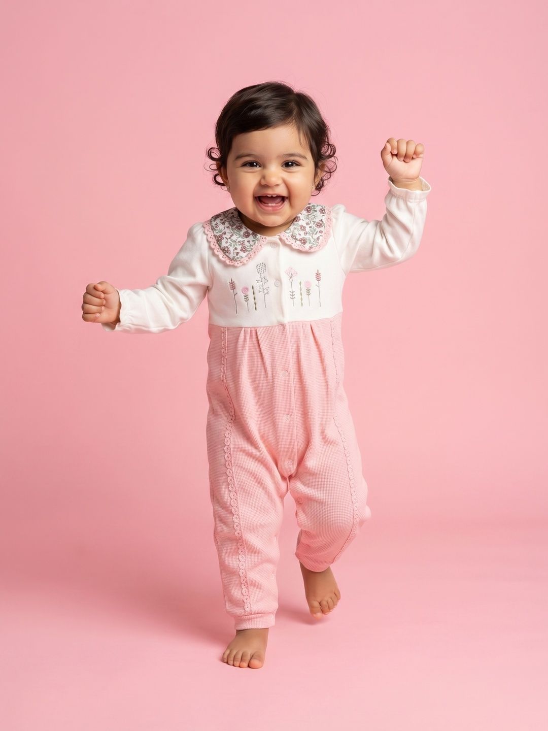 Girls Cotton Textured Fabric Floral Embroidered Collared Jumpsuit