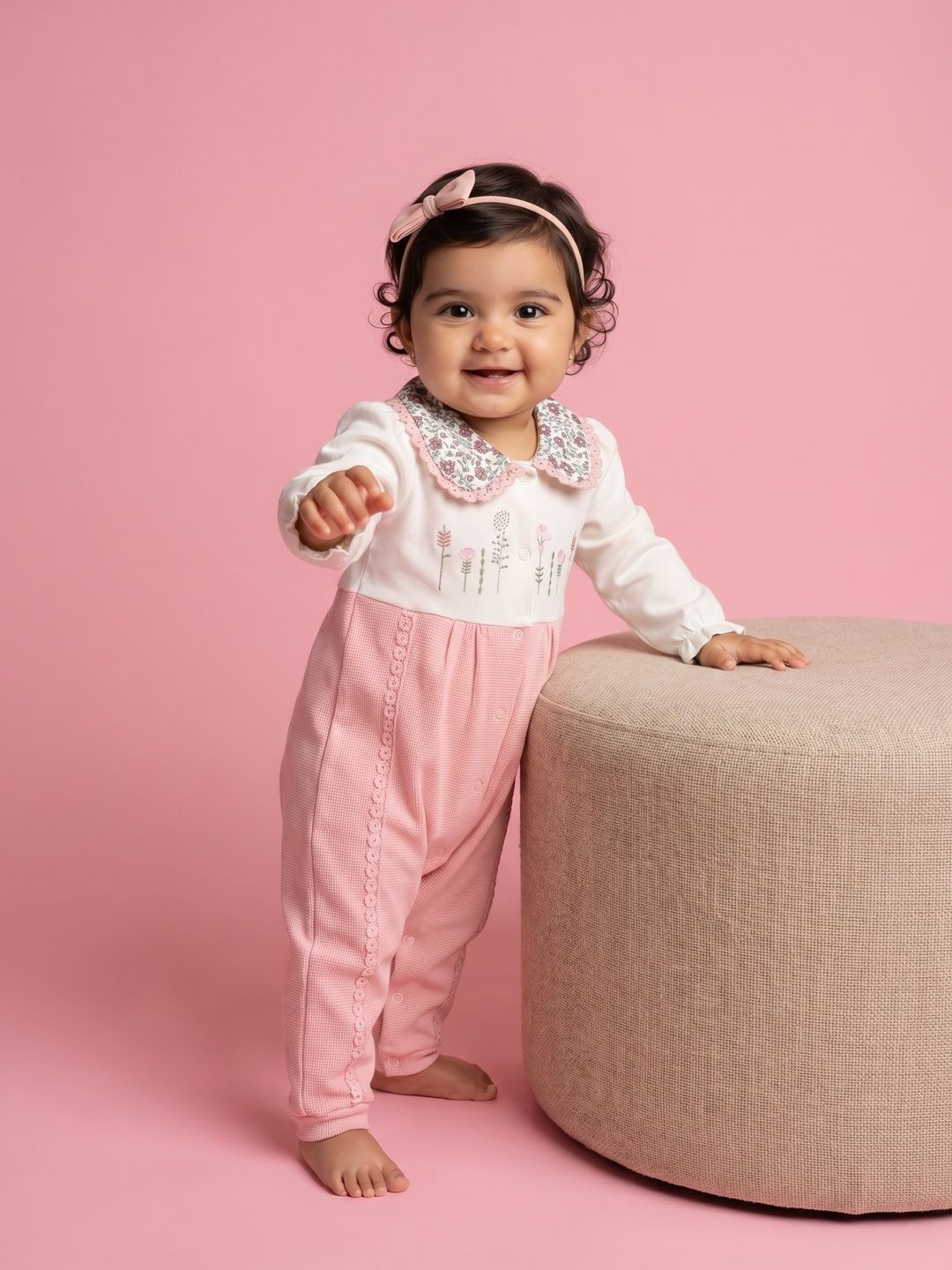 Girls Cotton Textured Fabric Floral Embroidered Collared Jumpsuit 2