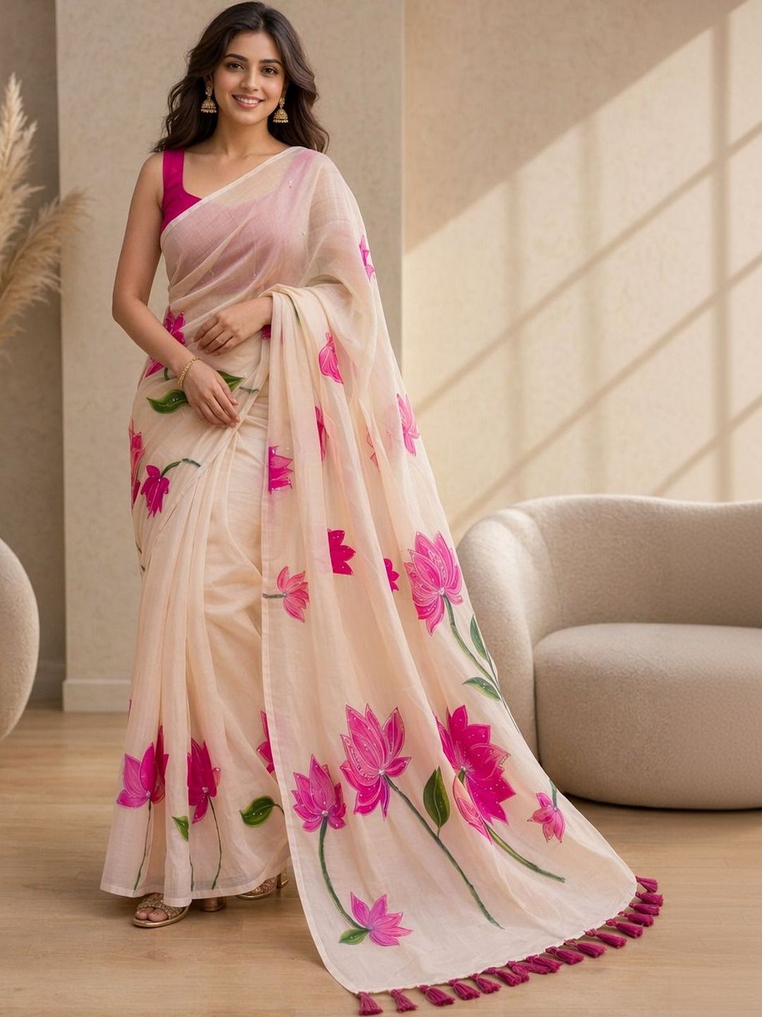 Floral Cotton Blend Khadi Saree