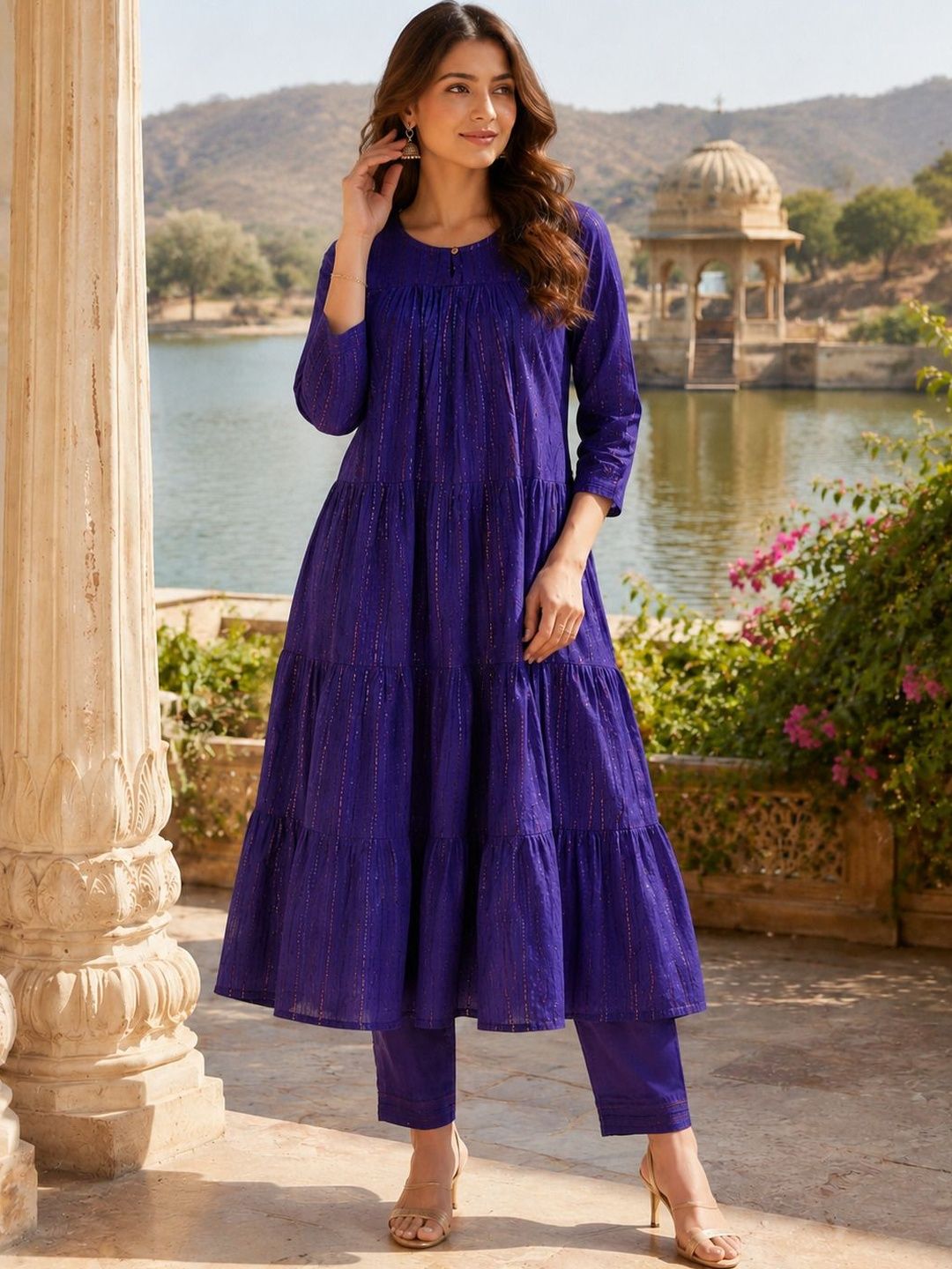 SNJI Women Striped Tiered Pure Cotton Kurta with Trousers