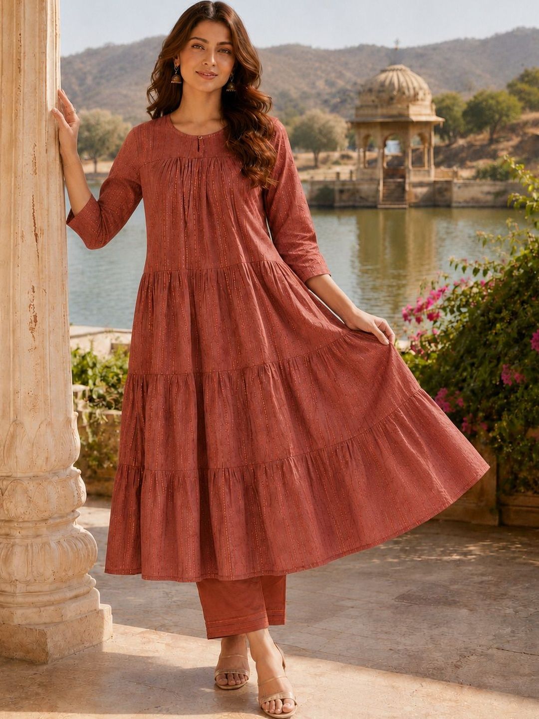 SNJI Women Tiered Pure Cotton Kurta with Trousers