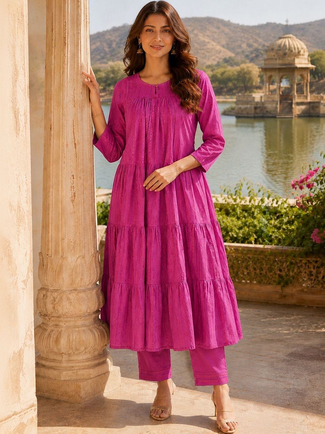SNJI Women Striped Tiered Pure Cotton Kurta with Trousers