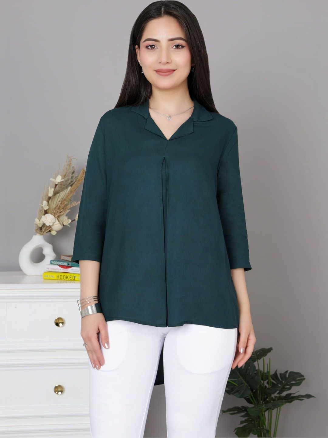 Mlada Women Regular Fit Solid 3/4th Sleeves Rayon Collar Flare Tunic Tops