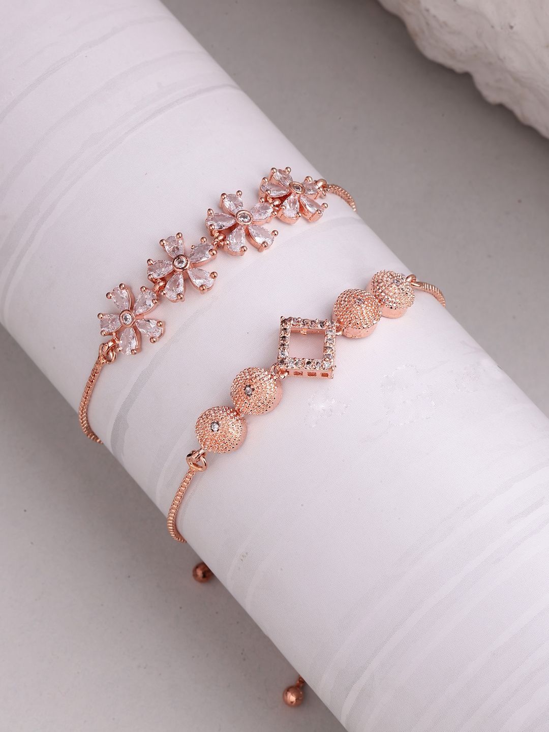 ZENEME Set Of 2 Rose Gold-Plated American Diamond Wraparound Bracelet