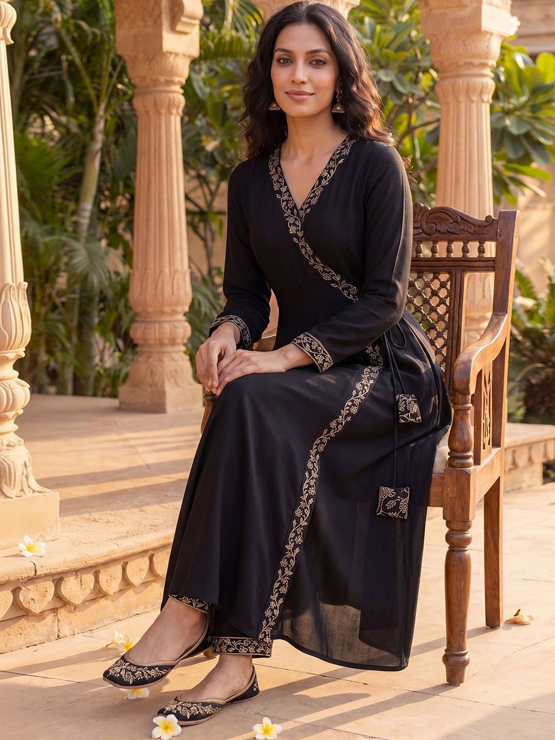 KALINI Ethnic Motifs Embroidered Angrakha Kurta with Trousers & With Dupatta