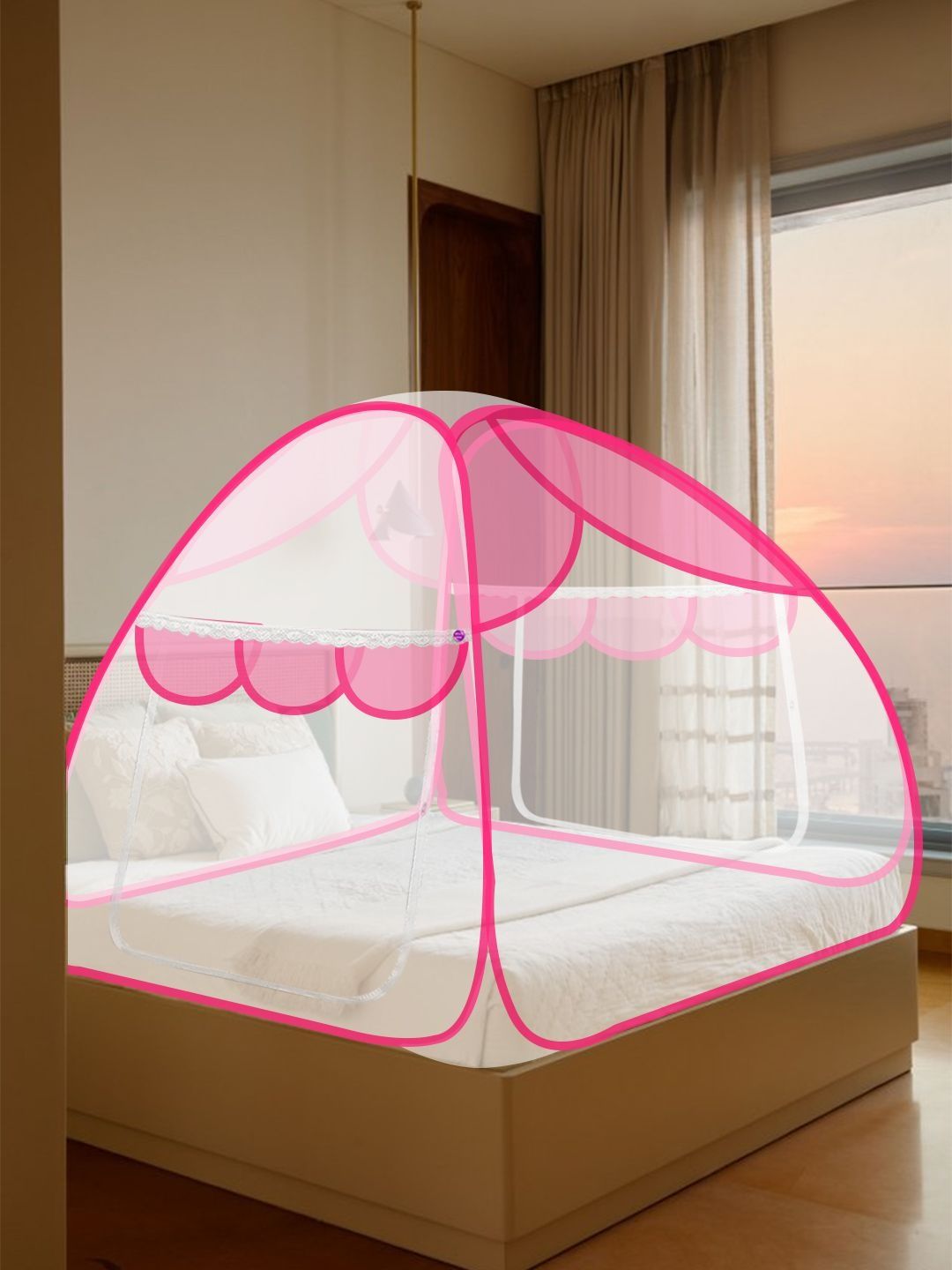 Silver Shine Pink Double Bed Foldable Mosquito Net