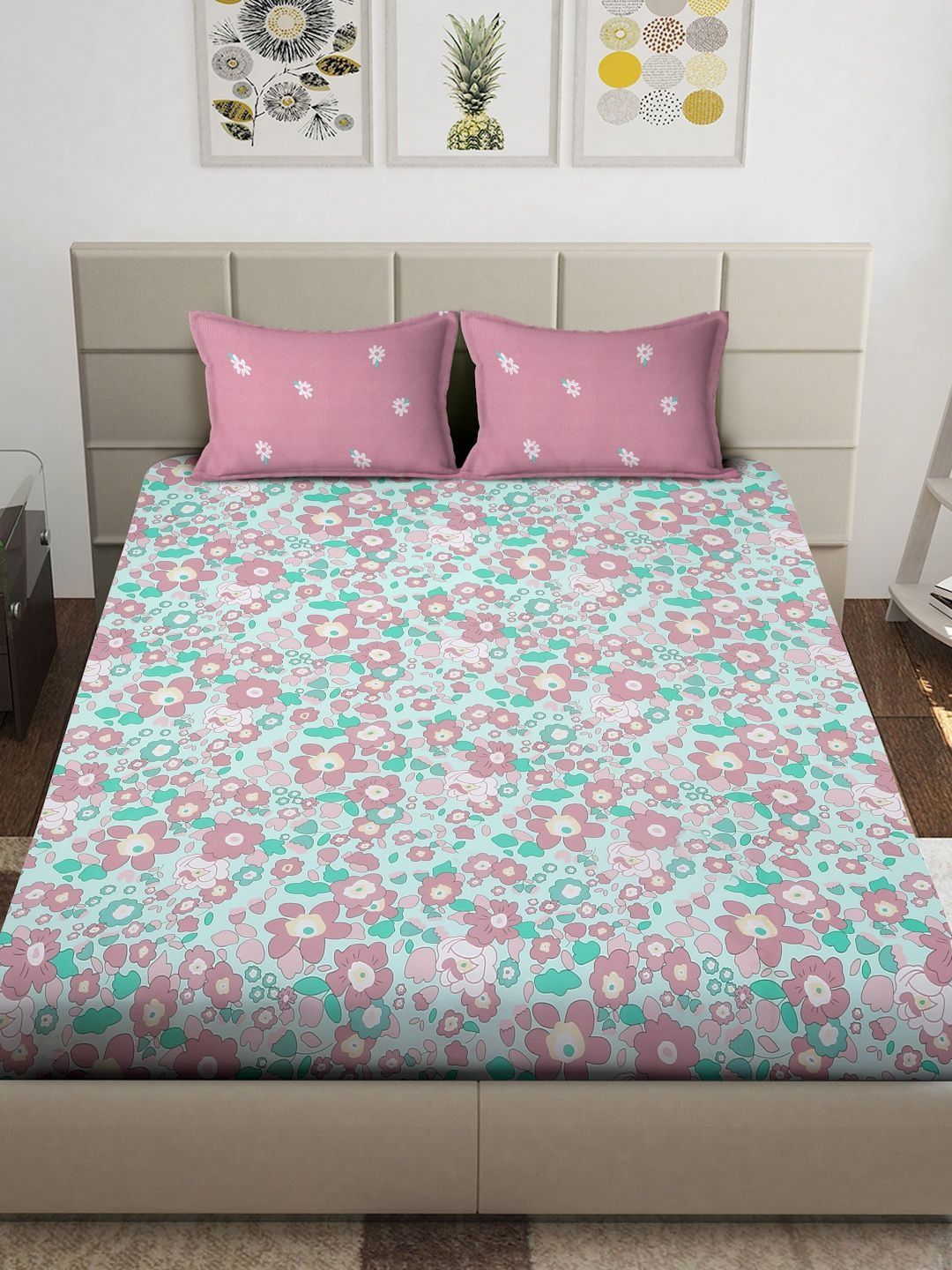 Myntra Elegant Homes Green & Pink Floral 300 TC Bedsheet with 2 Pillow Covers
