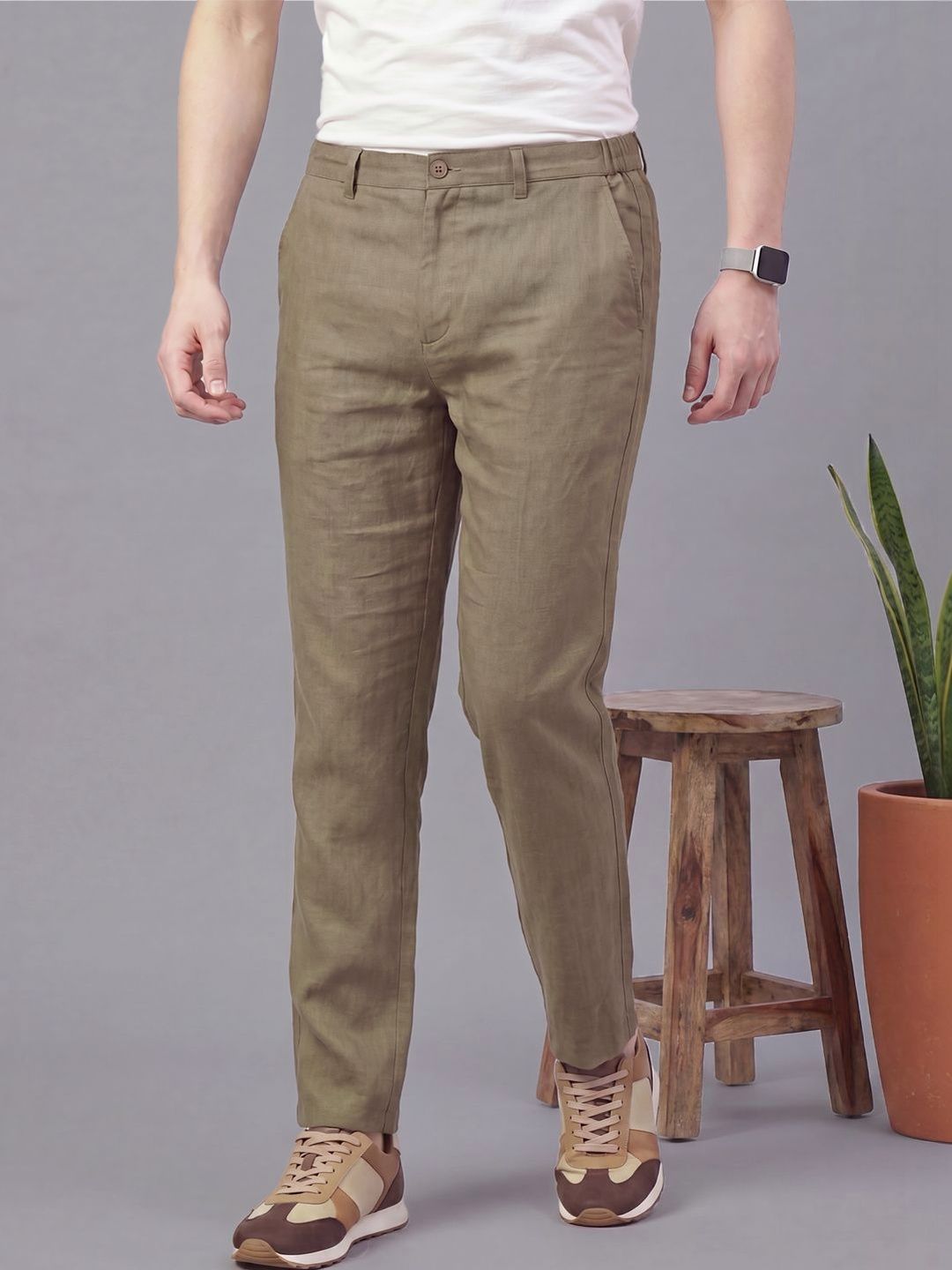 HE SPOKE Men Solid Casual Linen Blend Breathable Pants