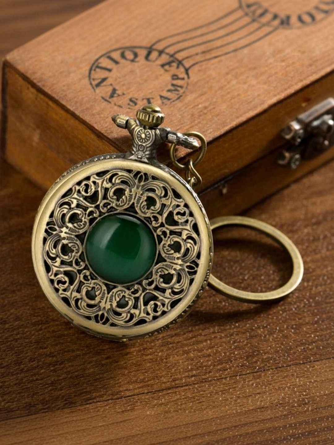 GT Gala Time Green Crystal Face Antique Pocket Watch Keychain