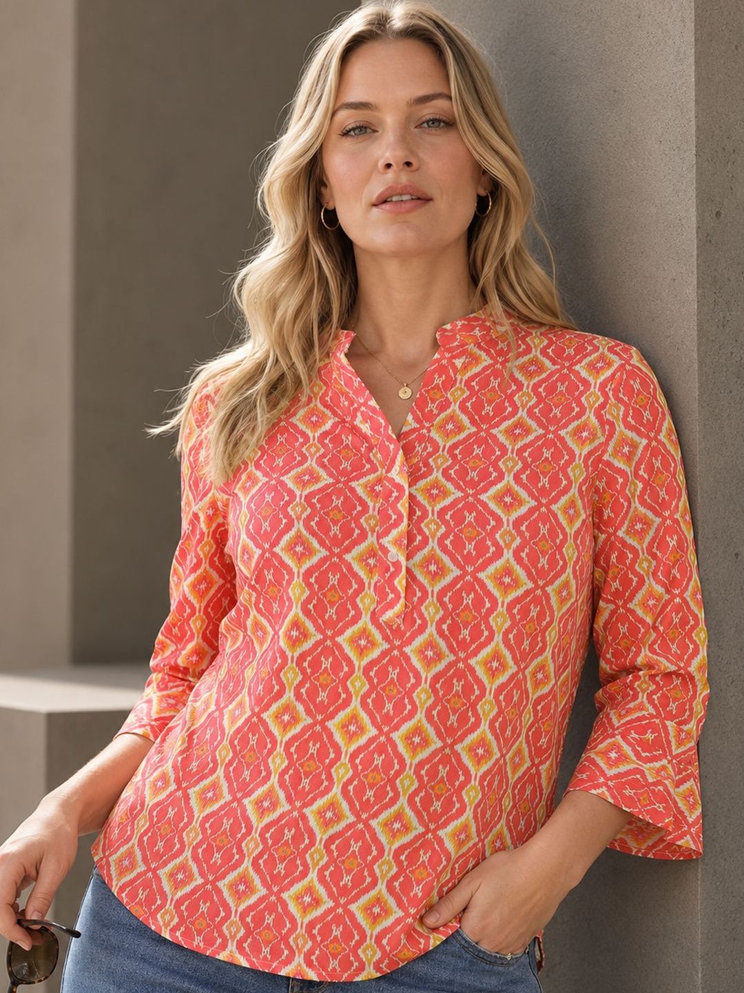 Hancock Women Print Mandarin Collar Ethnic Cotton Shirt Style Top