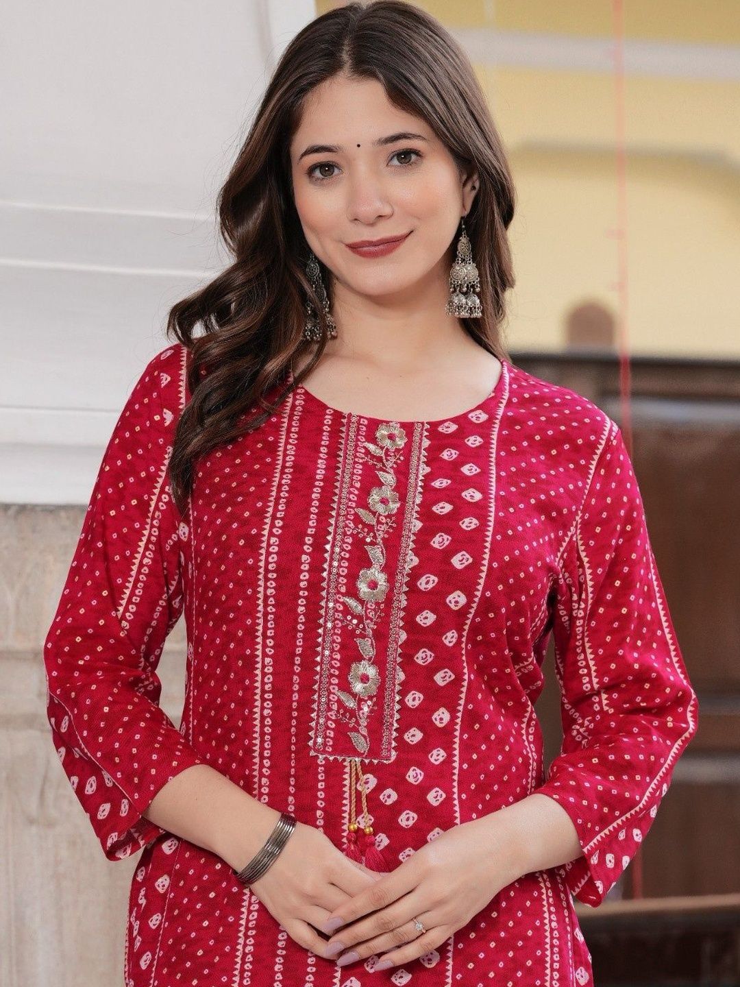 KJTRENDS Women Bandhani Printed Thread Work Kurta