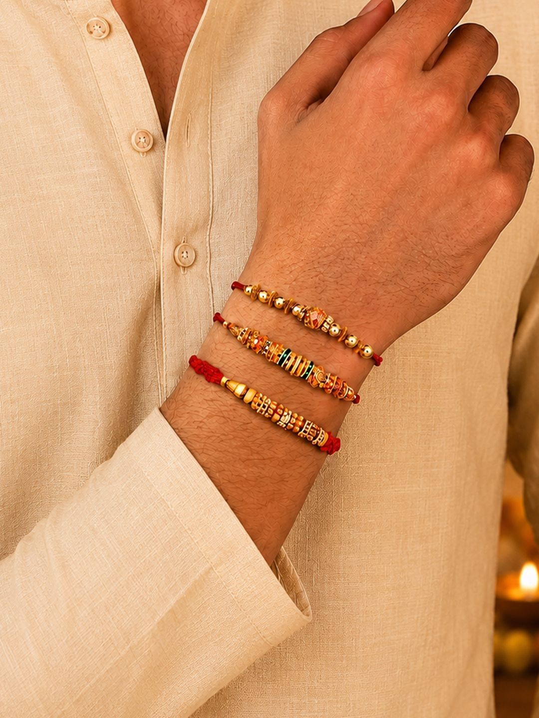 Peora Set Of 3 Gold-Toned Meenakari Beaded Rakhi