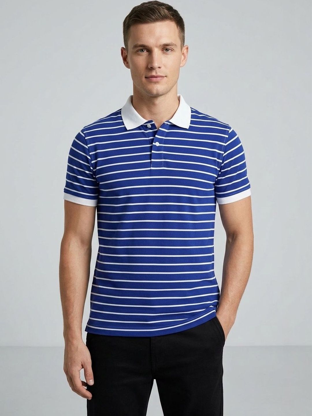HERE&NOW Men Striped Polo Collar T-shirt