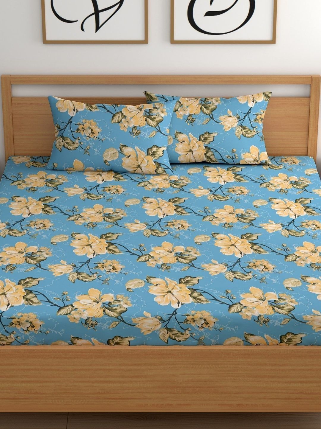 Aura Blue & Yellow Floral 180 TC Bedsheet with 2 Pillow Covers