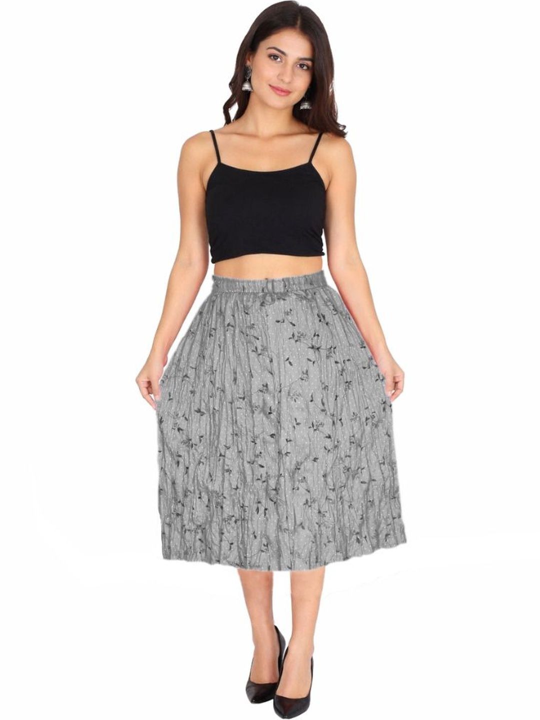 Sttoffa Women Cotton Cambric Floral Micro or Ditsy Print Midi Flared Skirt