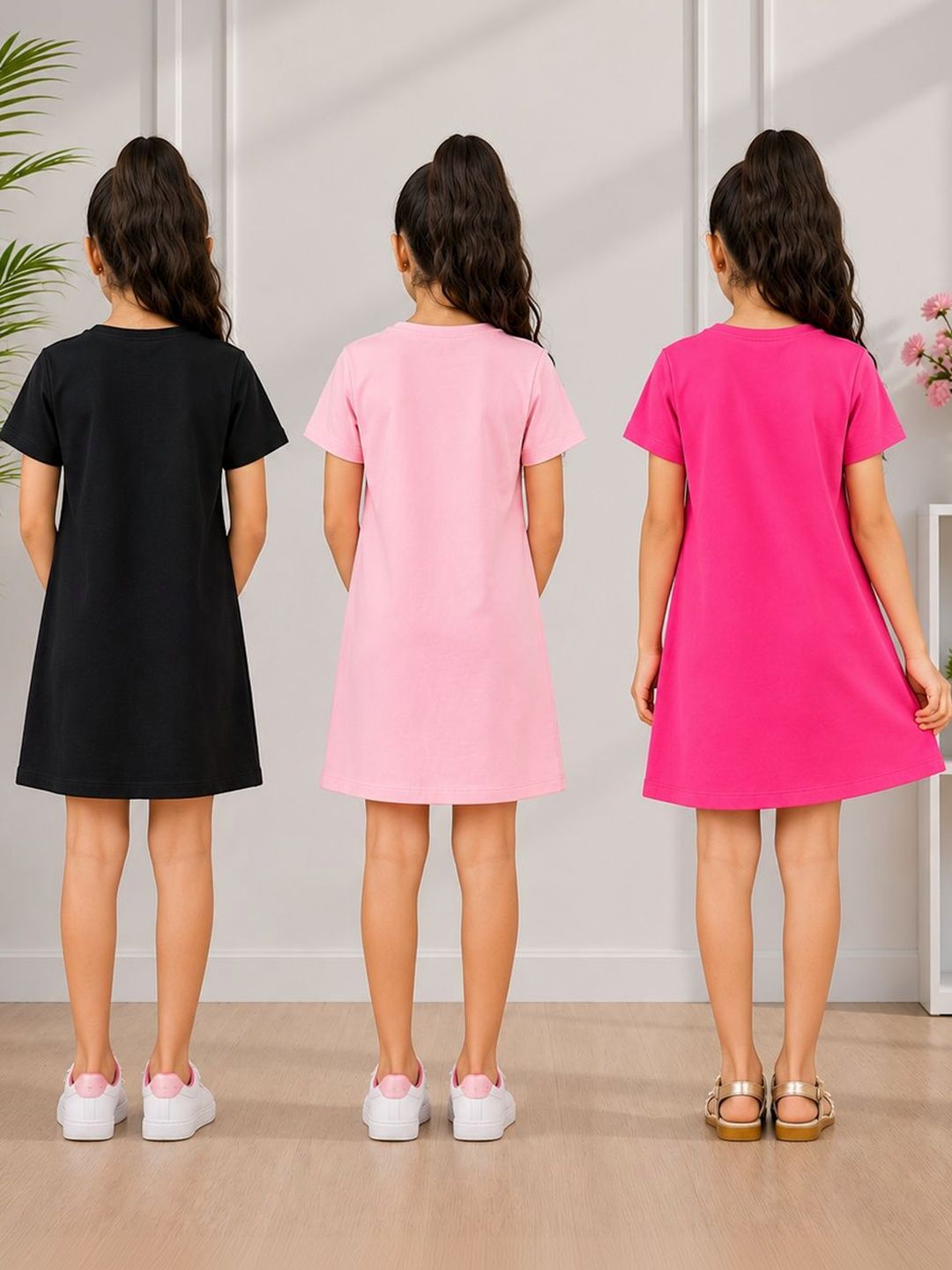 Girls pack of 3 Printed Multi Cotton T-shirt Dresses 2