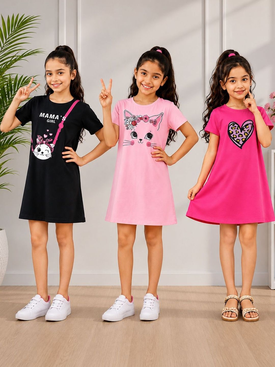 Girls pack of 3 Printed Multi Cotton T-shirt Dresses