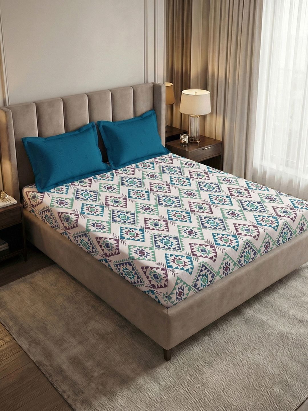 MYTRIDENT Blue Geometric 180 TC King Bedsheet with 2 Pillow Covers
