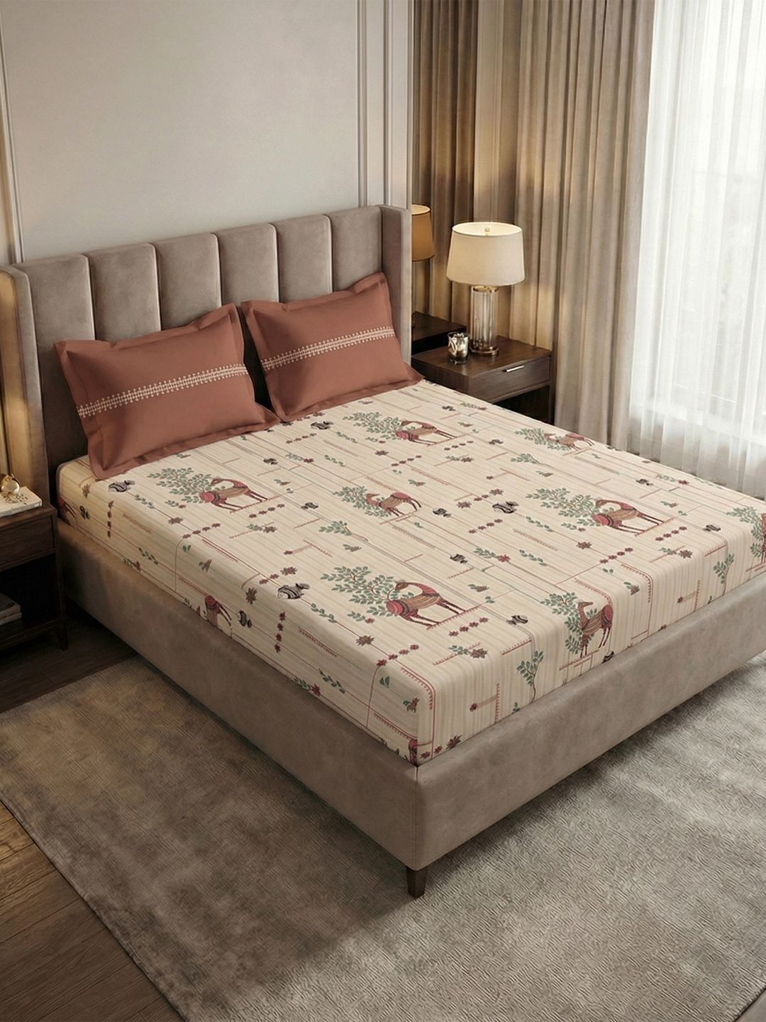 MYTRIDENT Beige 180 TC King Bedsheet with 2 Pillow Covers