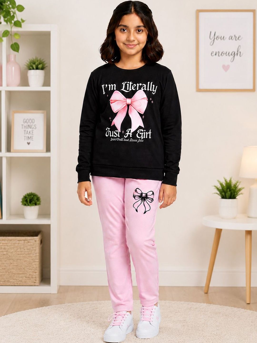 Girls Pack Of 2 Printed Full Sleeves T-Shirt & Lounge Pants Clothing Set 3