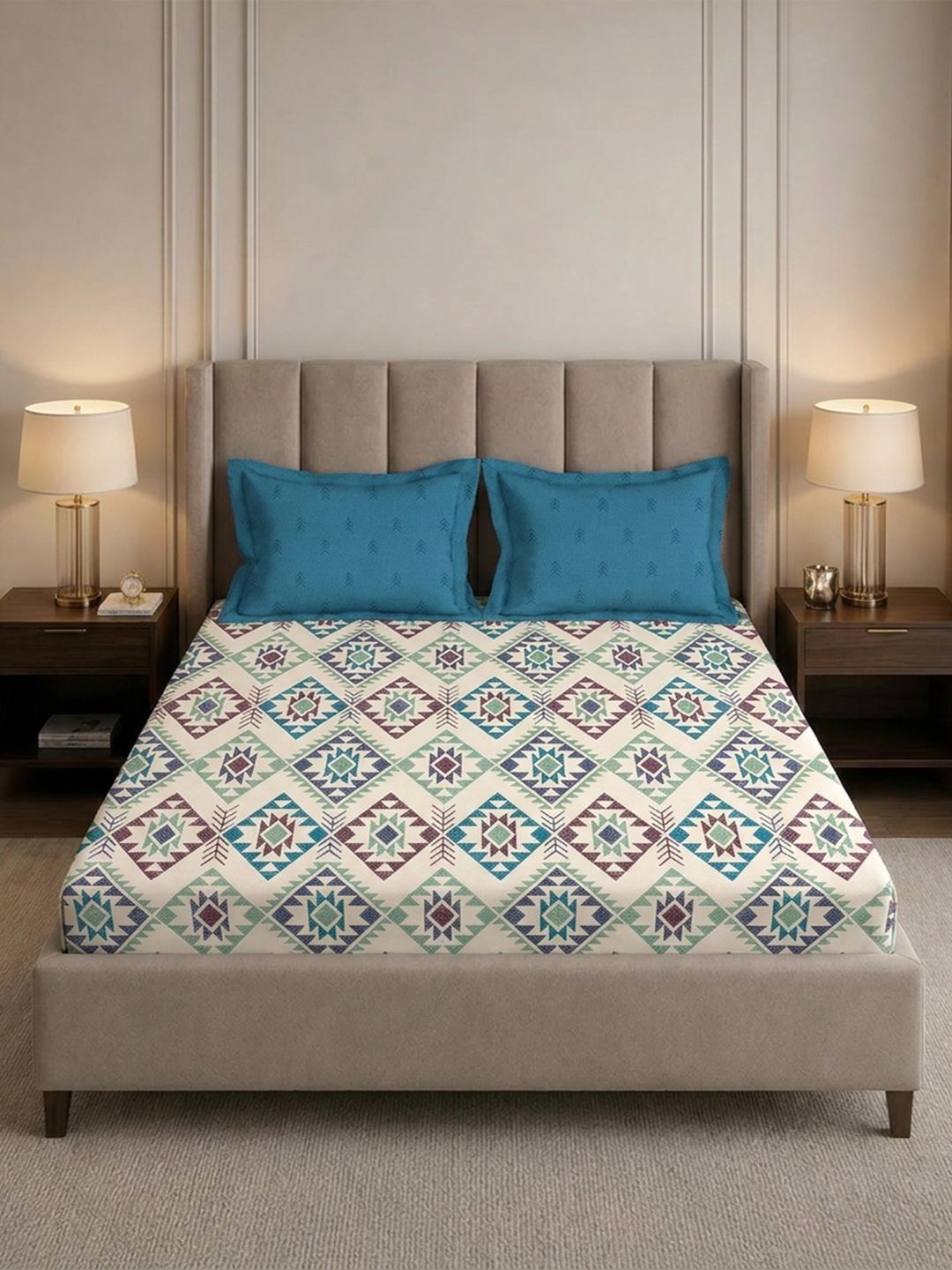 MYTRIDENT Blue & Teal Geometric 180 TC King Bedsheet with 2 Pillow Covers