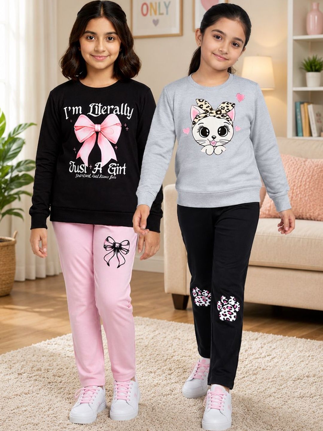 Girls Pack Of 2 Printed Full Sleeves T-Shirt & Lounge Pants Clothing Set