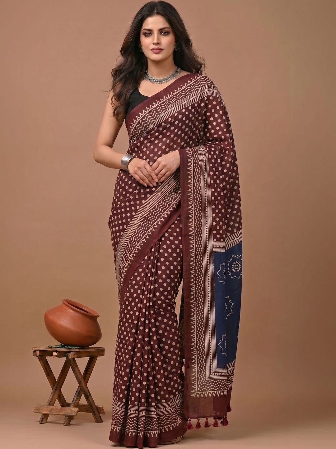 Anouk Polka Dot Pure Cotton Fusion Saree