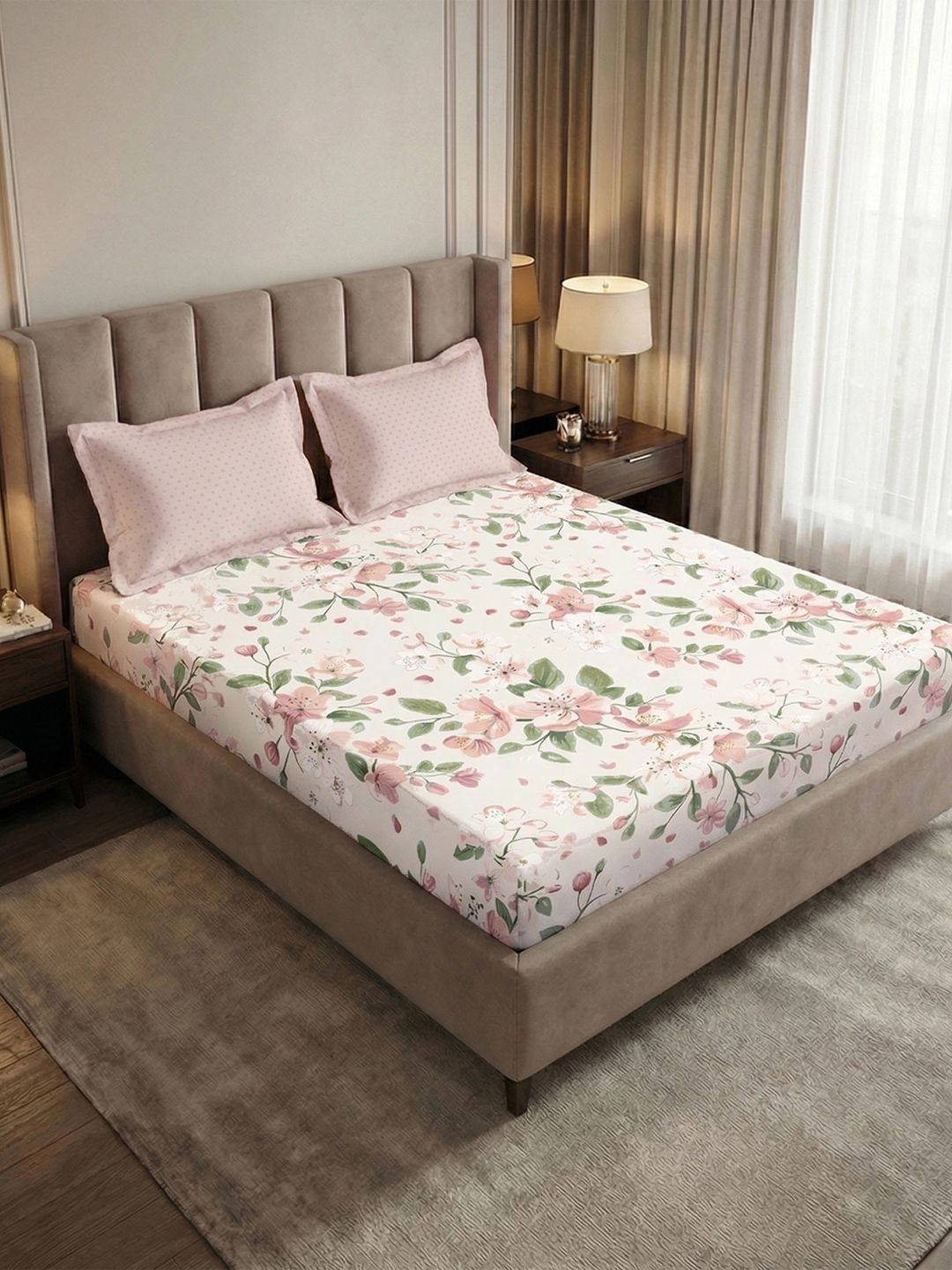 MYTRIDENT Peach-Coloured Floral 180 TC King Bedsheet with 2 Pillow Covers