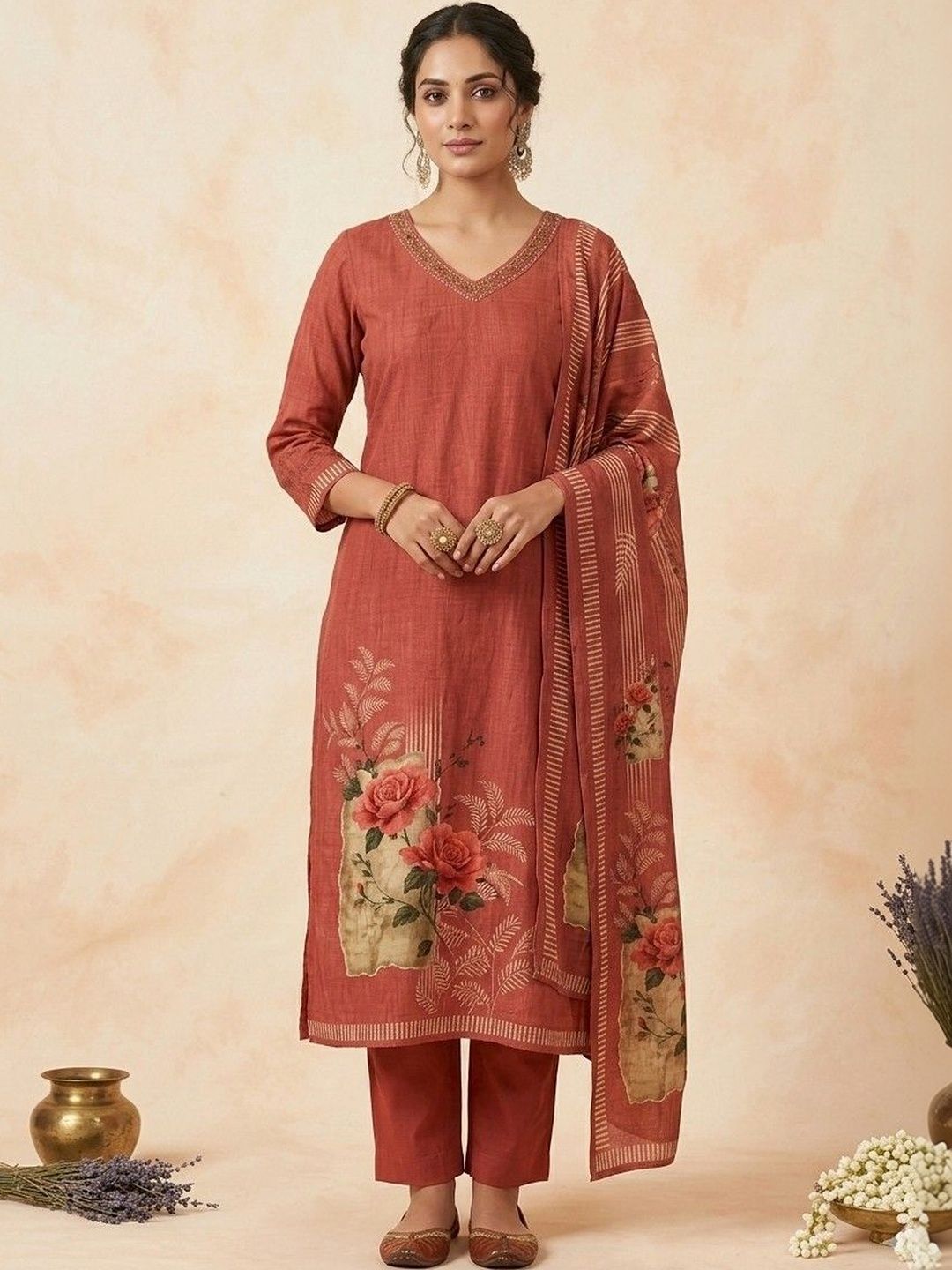 Vagmi Women Floral Printed Regular Pure Cotton Kurta with Trousers & With Dupatta