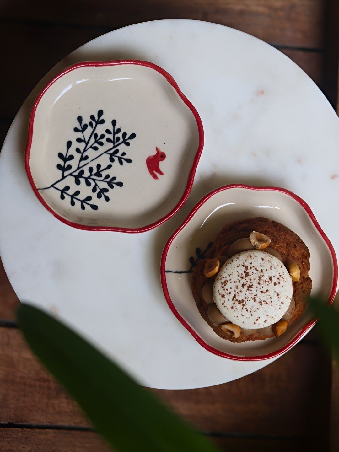 WEAVING HOMES White & Red 2 Pieces Printed Microwave Safe Ceramic Plates